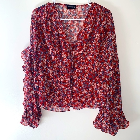 NICHOLAS Revolve Red Silk Blossom Ditsy Micro Floral Ruffle Blouse Top - Picture 2 of 6